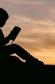 Sagoma di un bambino seduto dietro l'albero durante il tramonto mentre legge